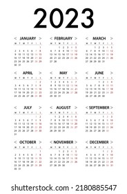 Calendar for 2023 Week Starts Monday. Simple Vector Graphic Design Template