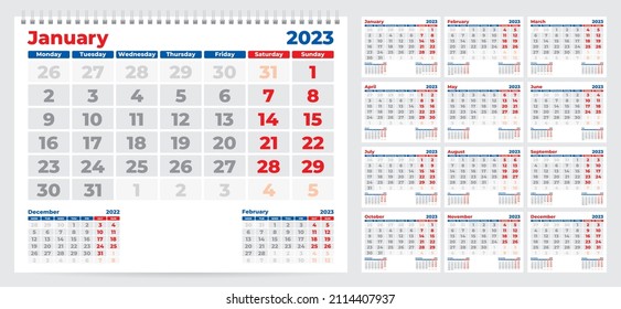 Calendar 2023. Week starts on Monday. Set of 12 months. Vector illustration