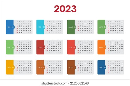 Calendar 2023. Week starts on Sunday. Basic grid - template for annual calendar 2023 - different colors