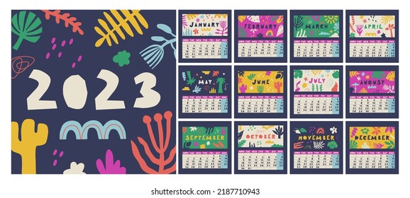 Calendar for 2023. Week starts on Monday, 12 months. Cute multicolor vector calendar with flora drawings.