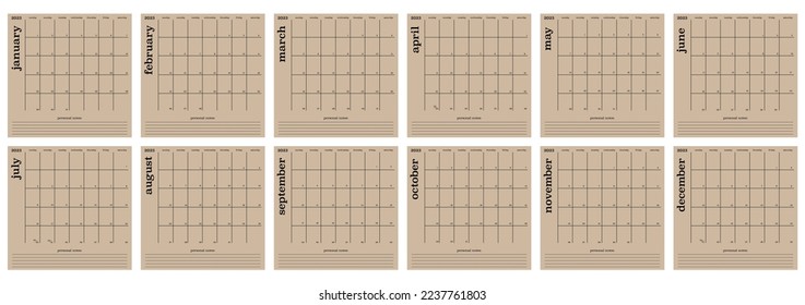 Calendar for 2023. The week starts on Sunday. Wall calendar in minimalist style with space for notes. In brown color.