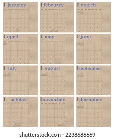 Calendar for 2023. The week starts on Sunday. There is also one month in 2022 and 2024. Has space for notes. Vertical design. Craft background with blue month names. A stylish set of 12 months.