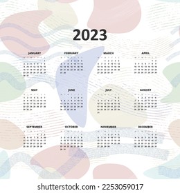 Calendar for 2023. Week starts on Monday. Hand drawn pattern. Vector illustration.