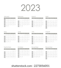Calendar 2023.  Week starts on Sunday. Graphic design. Vector illustration.