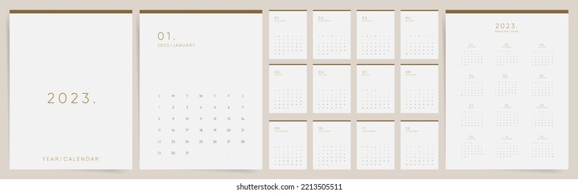 Calendar 2023. Week starts Sunday. Minimal boho design template vector.