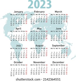 Calendar 2023 with world map. Week starts on Monday.
