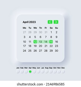 Calendar 2023 year. April month. Neomorphism style. Planner template. Vector illustration EPS 10.