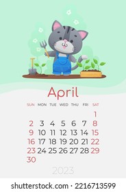 Calendar of 2023 year, April, poster with cute gray kitty, cat in denim overalls planting plants, box with sprouts, shovel, rake with flowering trees. Vector illustration for postcard, arts, web