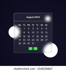 Calendar 2023 year. August month. Glassmorphism style. Can be used for business presentation or advertising. Vector illustration