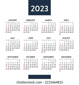 Calendar 2023 year. Black and white vector template. Week starts on Sunday. Basic grid. Pocket square calender. Ready design