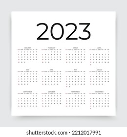 Calendar for 2023 year. Calender layout. Week starts Sunday. Desk planner template with 12 months. Monthly organizer grid in square shape. Yearly diary in minimal style, English. Vector illustration