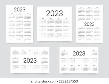 Calendario para 2023 año. Diseño de calendario. La semana comienza el domingo. Plantilla de planificación de escritorio con 12 meses. Cuadrícula mensual del organizador. Diario anual de estilo mínimo, inglés. Ilustración vectorial. Diseño sencillo