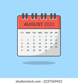 Calendar For 2023 Year Cartoon Vector Illustration. August 2023 Calendar Flat Icon Outline