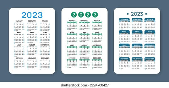 Calendar 2023 year collection. English vector vertical calender template