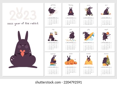 Calendario 2023 año con conejos lindos. Portadas y plantilla de páginas de 12 meses. Bunnies con diferentes actividades de temporada. Planificador de vectores.