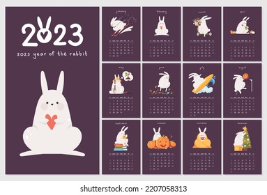 Calendar 2023 year with cute rabbits. Covers and 12 month pages template. Bunnies with different seasonal activities. Vector planner.