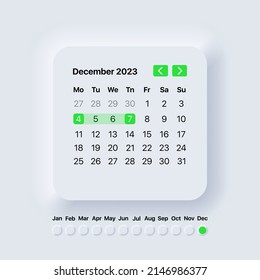 Calendar 2023 year. December month. Neomorphism style. Planner template. Vector illustration EPS 10.