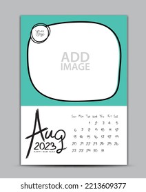 Calendar 2023 year design - August 2023, wall calendar 2023 year, Lettering calendar, Desk calendar template, week starts on sunday, printing, advertiement, Green background, vector