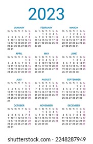 Calendar 2023 year, design template week starts on Sunday. Simple style year pocket or wall calendar template, corporate design planner template vector illustration