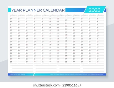 Calendar for 2023 year. Desk calender planner template. Annual daily organizer. Week starts Sunday. Schedule page. Agenda diary with 12 months in English. Vector business illustration. Simple design