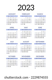 Calendar 2023 year. English blue vector vertical wall or pocket calender template
