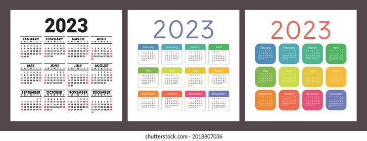 Calendar 2023 year. English colorful vector set. Square wall or pocket calender template. Design collection. New year. Week starts on Sunday