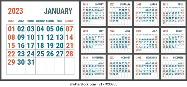 Calendar 2023 year. English template. Vector square grid. Office business planning. Red and blue color