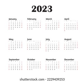 Calendar 2023 year English template vector  week starts on Sunday