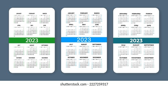 Calendar 2023 year. English vector set. Vertical wall or pocket calender template. Design collection. Week starts on Sunday