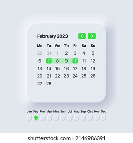 Calendar 2023 year. February month. Neomorphism style. Planner template. Vector illustration EPS 10.