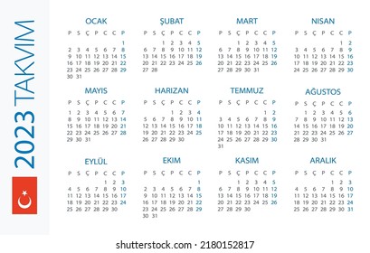 Calendar 2023 year Horizontal - vector illustration. Turkish version