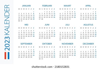 Calendario 2023 año Horizontal - ilustración vectorial. Versión holandesa