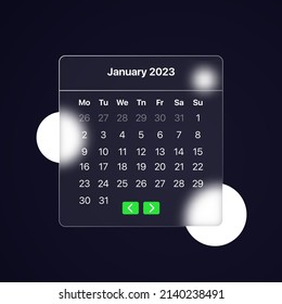 Calendar 2023 year. January month. Glassmorphism style. Can be used for business presentation or advertising. Vector illustration