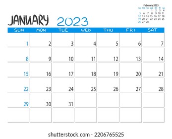 Calendar 2023 year. January 2023 planner. Desctop calendar design. 2023 month planner. Life or business planning. Place for notes. Printable template.