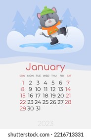 Calendar of 2023 year, January, poster with cute gray kitty, cat in ginger jacket with green cap, black skates on ice rink and trees on background. Vector illustration for postcard, banner, web