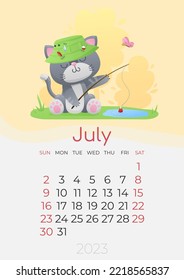 Calendar of 2023 year, July, poster with cute gray kitty in green panama, hat fishing, catching fish and grass on yellow background. Vector illustration for postcard, banner, web, design, arts