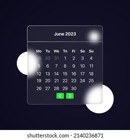 Calendar 2023 year. June month. Glassmorphism style. Can be used for business presentation or advertising. Vector illustration