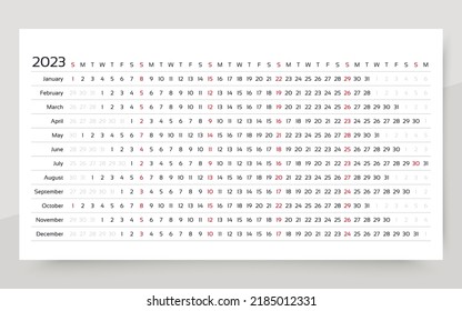Calendar 2023 year. Linear planner template. Yearly calender with 12 months. Annual horizontal schedule layout. Table timetable grid. Week starts Sunday. Desk monthly organizer. Vector illustration
