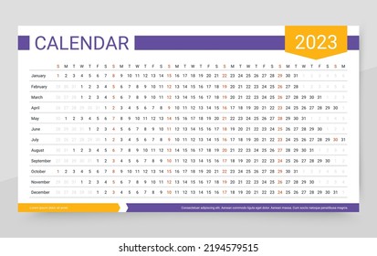 Calendar 2023 year. Linear planner template. Yearly horizontal calender. Week starts Sunday. Long annual schedule grid with 12 months. Landscape orientation, english. Vector illustration Simple design