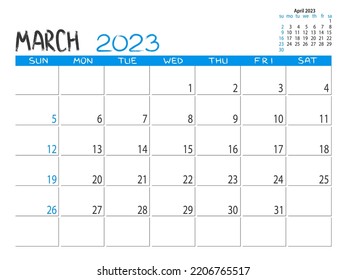 Calendar 2023 year. March 2023 planner. Desctop calendar design. 2023 month planner. Life or business planner. Place for notes. Printable template.