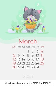 Calendar of 2023 year, March, poster with cute gray kitty, cat with a straw basket of first flowers, snowdrops, crocuses. Vector illustration for postcard, banner, web, design, arts.