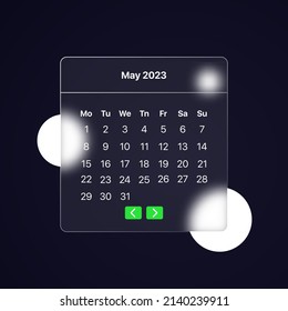 Calendar 2023 year. May month. Glassmorphism style. Can be used for business presentation or advertising. Vector illustration