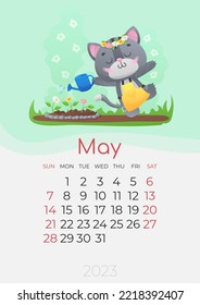 Calendar of 2023 year, May, poster with cute gray kitty, cat in yellow work apron, with blue watering can watering the flowers in the garden. Vector illustration for postcard, banner, web, design, art