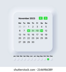 Calendar 2023 year. November month. Neomorphism style. Planner template. Vector illustration EPS 10.