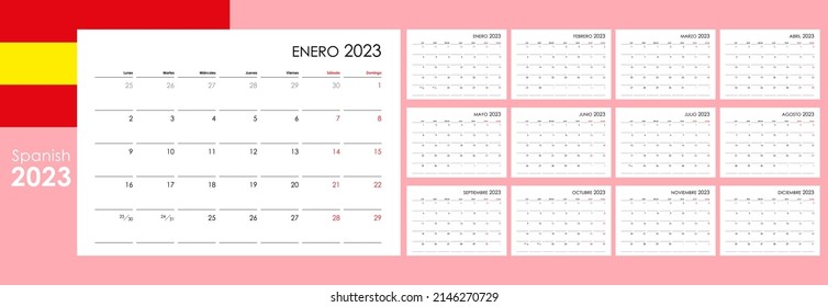 Calendar for 2023 year. An organizer and planner for every day. Week starts from Monday. 12 boards, months set. Wall layout. Clear template. Spanish language.