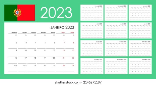 Calendario para 2023 año. Un organizador y planificador para todos los días. La semana comienza el lunes. 12 tablas, meses. Diseño de pared. Limpiar plantilla. Idioma portugués.