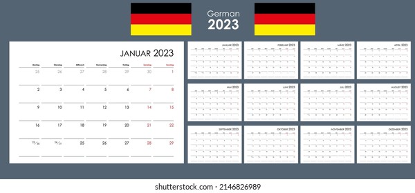 Calendar for 2023 year. An organizer and planner for every day. Week starts from Monday. 12 boards, months set. Wall layout. Clear template. German language.
