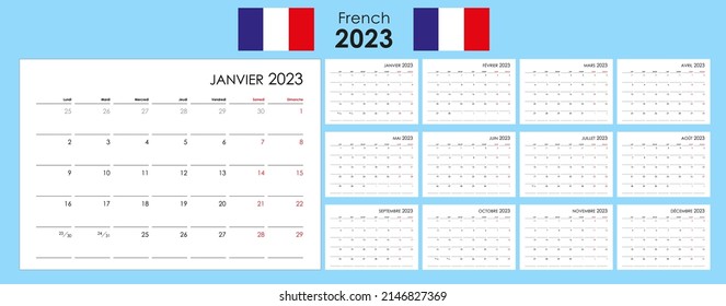 Calendar For 2023 Year. An Organizer And Planner For Every Day. Week Starts From Monday. 12 Boards, Months Set. Wall Layout. Clear Template. French Language.