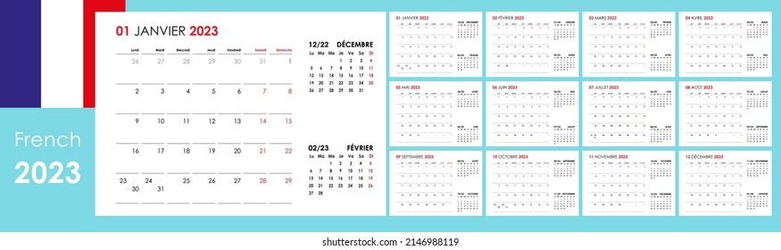 Calendar For 2023 Year. An Organizer And Planner For Every Day. Week Starts From Monday. 12 Boards, Months Set. Wall Layout. Clear Template. French Language.