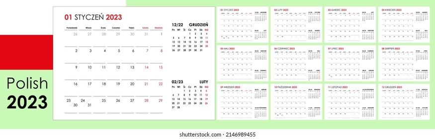 Calendar For 2023 Year. An Organizer And Planner For Every Day. Week Starts From Monday. 12 Boards, Months Set. Wall Layout. Clear Template. Polish Language.